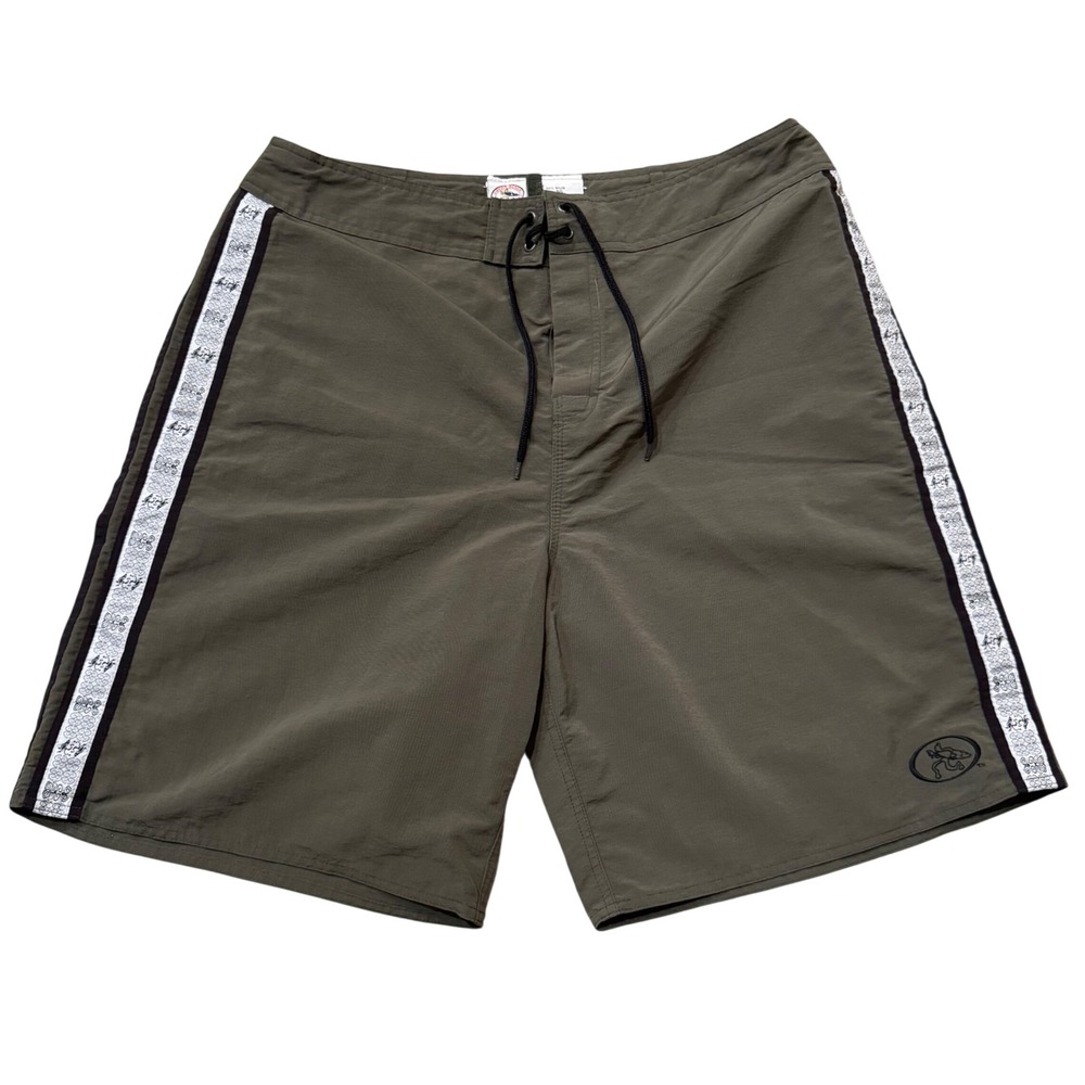 Cocoa Beach Surf Company Mens Board Shorts Olive Green Side Tape Logo Size 40